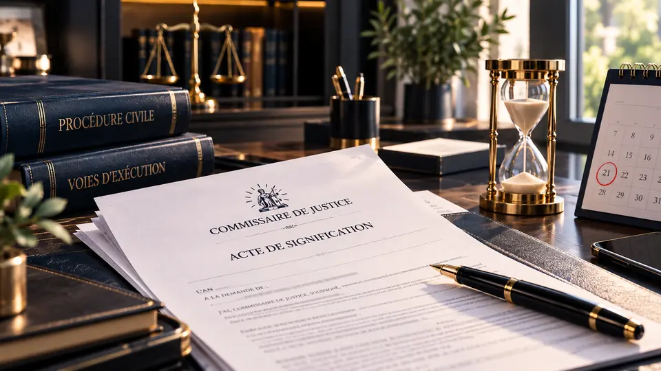 Acte de signification d'un commissaire de justice posé sur un bureau, à côté d'un sablier et d'un calendrier