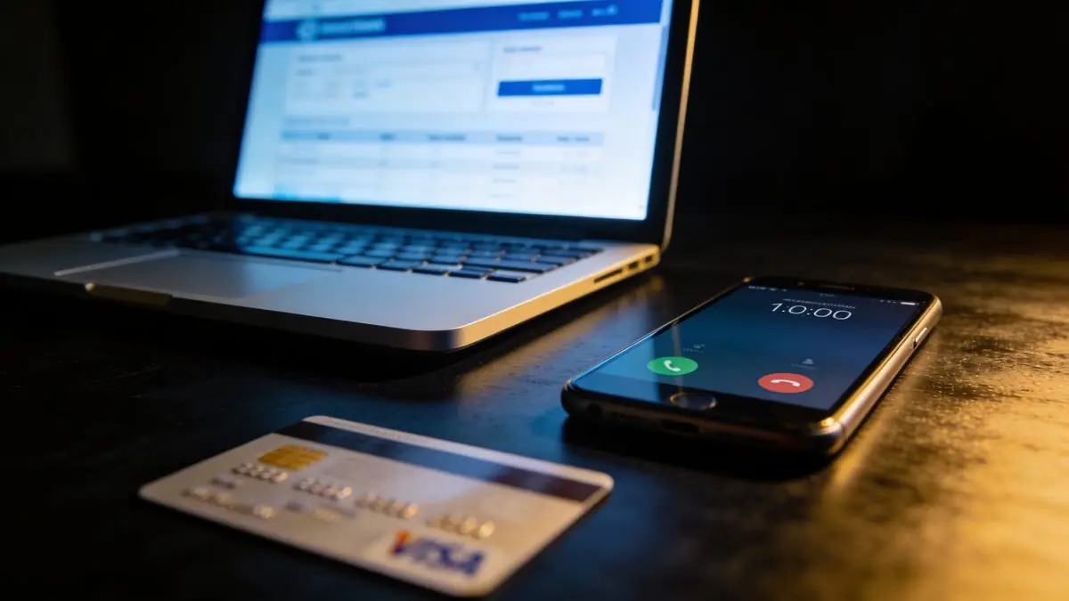 Spoofing bancaire – ordinateur, téléphone et carte bancaire