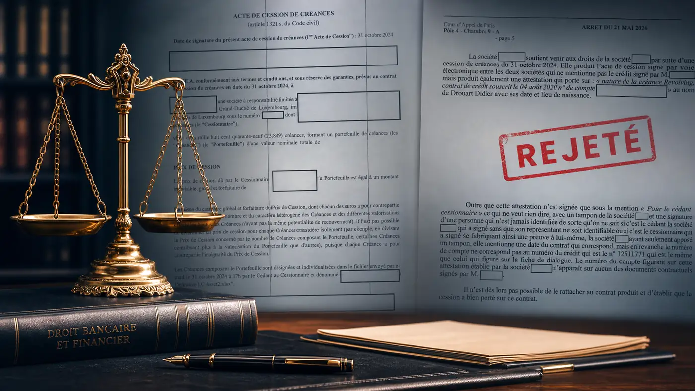 Acte de cession de créances et arrêt de cour d'appel rejetant la demande d'un fonds, à côté d'une balance de la justice