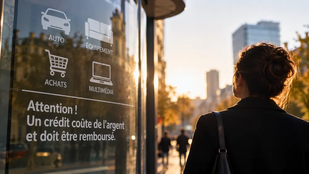 Abribus affichant une publicité pour le crédit (auto, équipement, achats, multimédia) avec la mention « Attention ! Un crédit coûte de l'argent et doit être remboursé. », devant une passante vue de dos