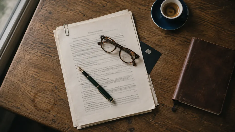 Offre de crédit posée sur un bureau en bois, avec une paire de lunettes, un stylo plume, une carte bancaire et une tasse de café