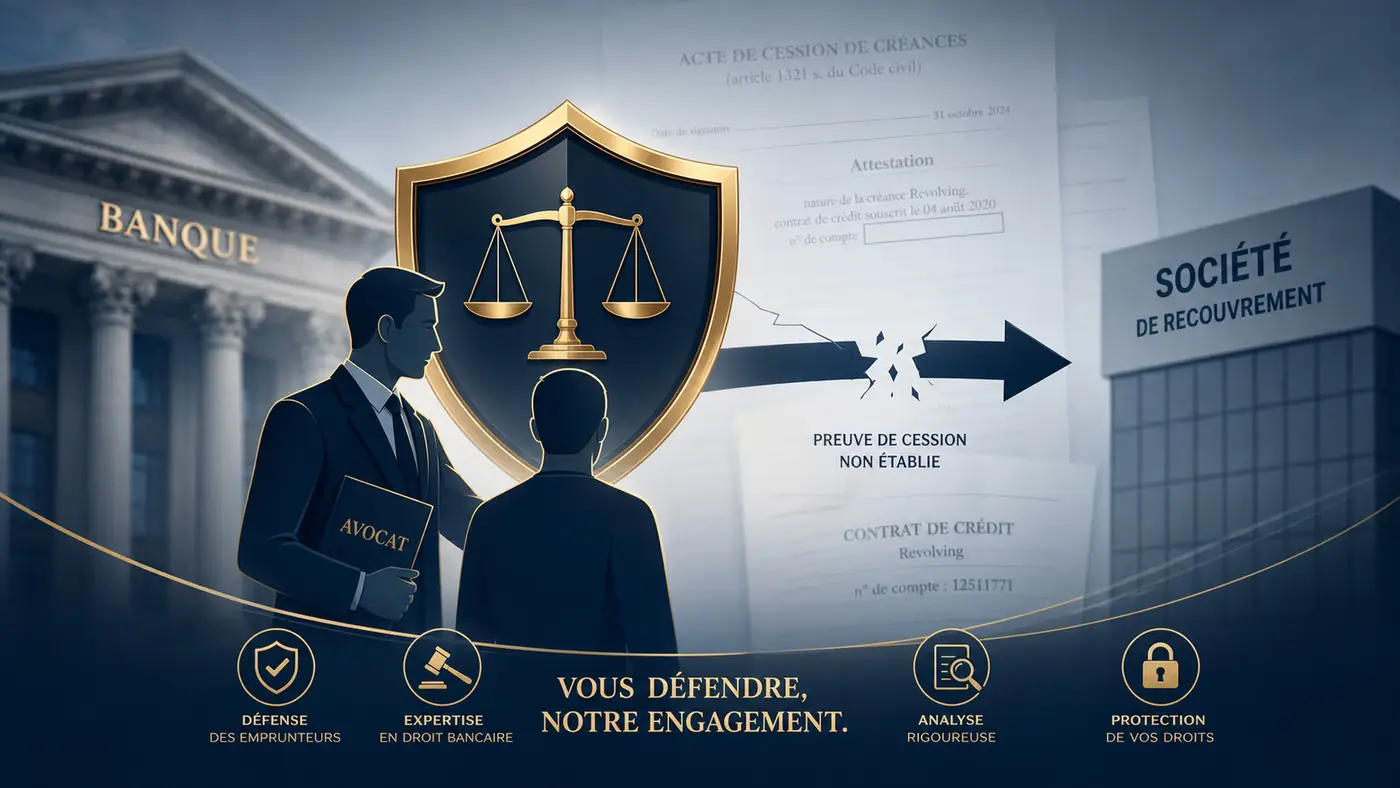Illustration : un avocat protège l'emprunteur entre la banque cédante et la société de recouvrement, preuve de cession non établie