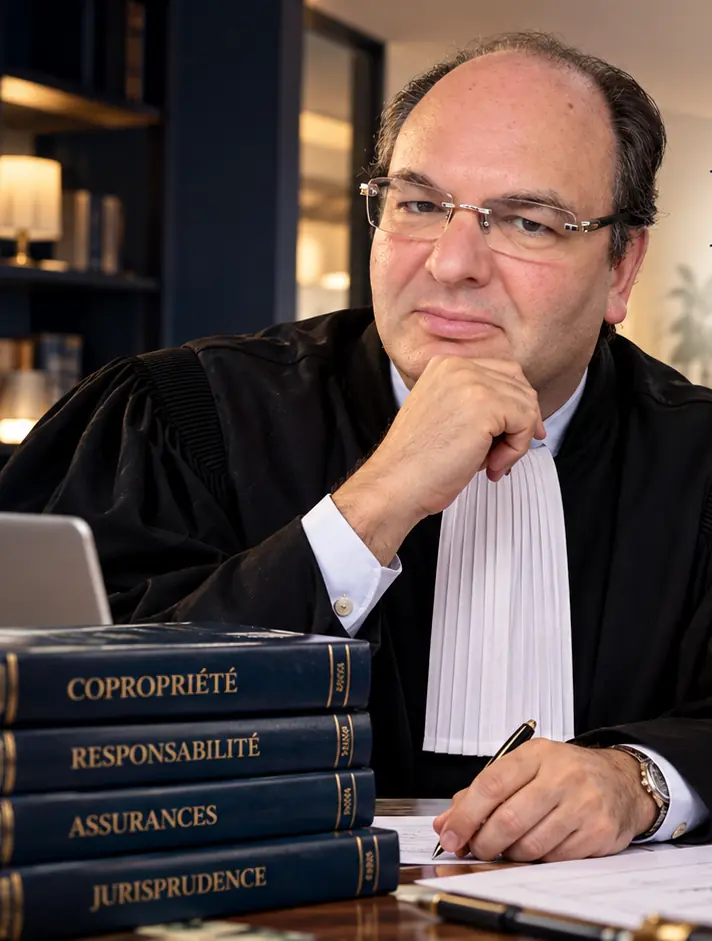 Maître Yann Gré, avocat en robe, devant des ouvrages de copropriété, de responsabilité et d'assurances