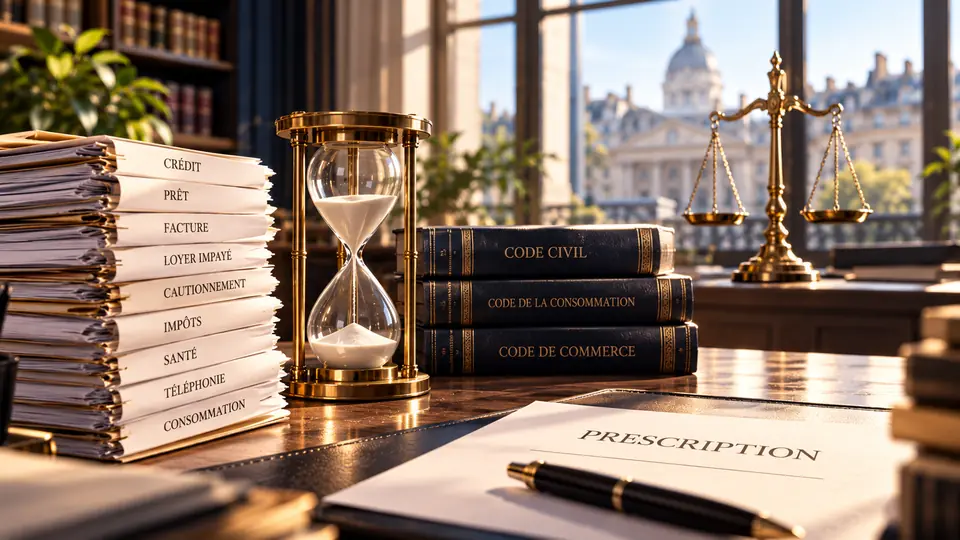 Dossiers de dettes classés par type (crédit, prêt, facture, loyer impayé, cautionnement, impôts), sablier et codes, sur un bureau d'avocat