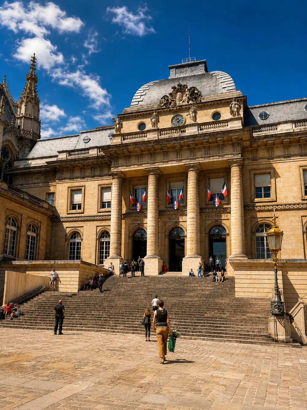 Palais de Justice de Paris, façade et escalier de la cour du Mai
