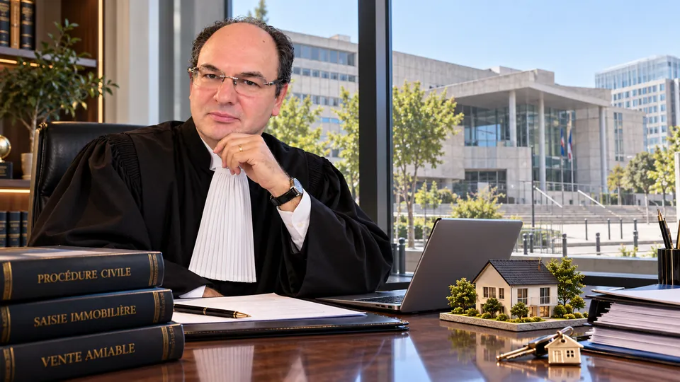 Maître Yann Gré en robe à son bureau, devant les ouvrages Procédure civile, Saisie immobilière et Vente amiable, une maquette de maison et des clés près du dossier