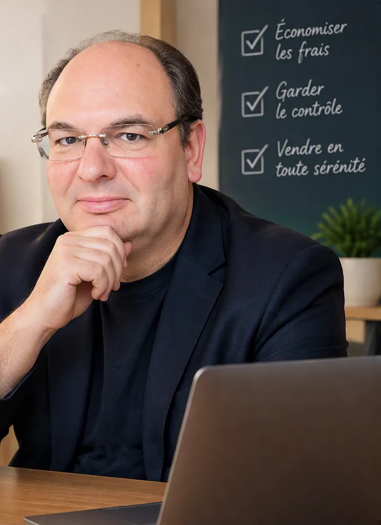 Maître Yann Gré à son bureau ; au mur, un tableau : économiser les frais, garder le contrôle, vendre en toute sérénité