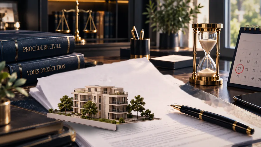 Maquette d'immeuble posée sur un projet d'acte de vente, sur un bureau d'avocat, entre les codes Procédure civile et Voies d'exécution, un sablier et un calendrier